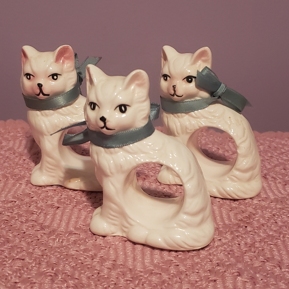 Cat Napkin Rings White Ceramic Vintage